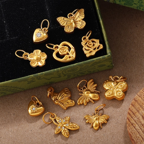 18K Vergoldet Edelstahl Mini DIY Schmetterling Herz Frucht Tier Anhänger Strass Charms Schmuckherstellung Für Damen