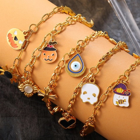 Halloween Spook Pompoen Schedel Hanger Armband Roestvrij Staal Verguld Emaille Boze Oog Bedeltjes Voor Vrouwen Feest Sieraden