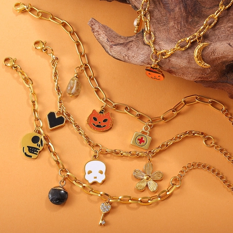 Halloween Spook Pompoen Schedel Hanger Armband Roestvrij Staal Verguld Emaille Boze Oog Bedeltjes Voor Vrouwen Feest Sieraden