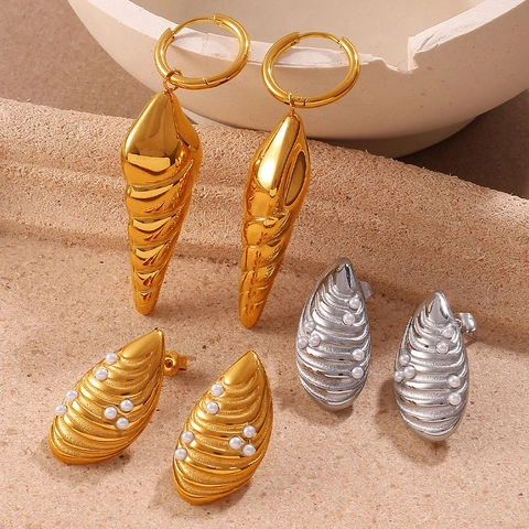 Stainless Steel Seashell Conch Stud Earrings For Women 18K Gold Plated Rhinestone Artificial Pearl Ocean Fashion Jewelry