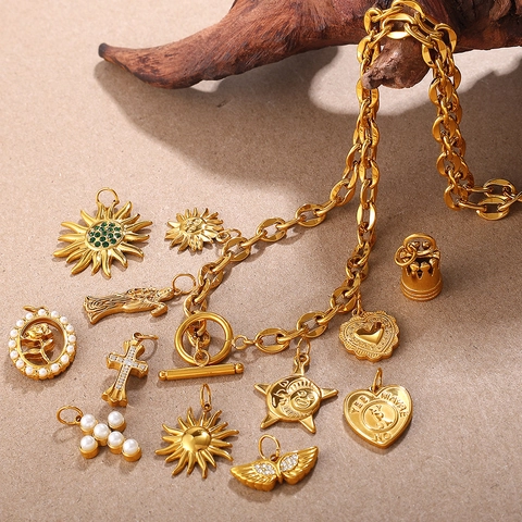 Stainless Steel Vintage DIY Pendants 18K Gold Plated Heart Key Sun Angel Cross Charms With Rhinestone Freshwater Pearl Accessories