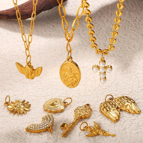 Stainless Steel Vintage DIY Pendants 18K Gold Plated Heart Key Sun Angel Cross Charms With Rhinestone Freshwater Pearl Accessories