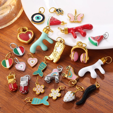 Stainless Steel Colorful Enamel Charms Pendants DIY Jewelry Making Evil Eye Heart Butterfly Strawberry Cowgirl Boot Pendant Collection