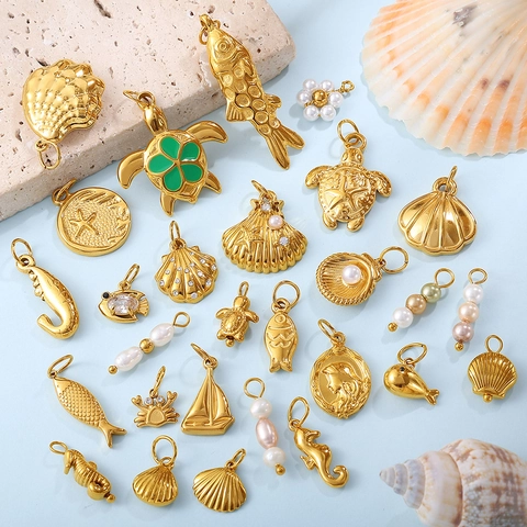 Ocean Theme Stainless Steel Pendant DIY Shell Turtle Fish Sea Horse Charms With Freshwater Pearl Zirconia For Jewelry Making