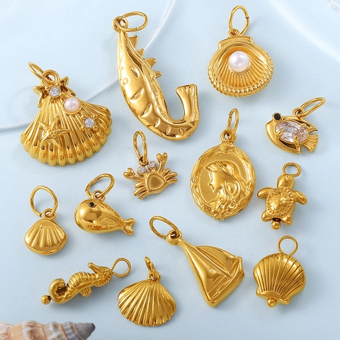 Ocean Theme Stainless Steel Pendant DIY Shell Turtle Fish Sea Horse Charms With Freshwater Pearl Zirconia For Jewelry Making