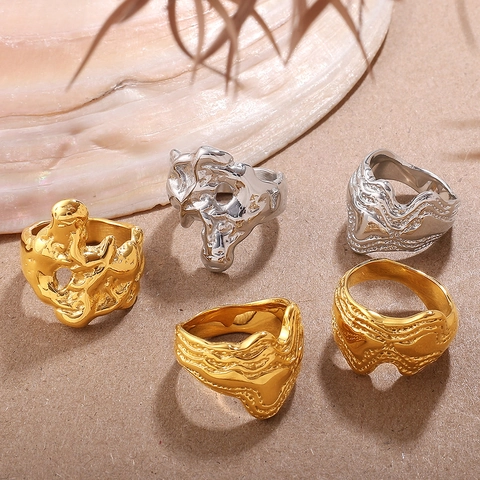 Vintage Stainless Steel Irregular Lava Texture Ring For Women Gold Silver Plated Minimalist High End Artistic Fashion Finger Jewelry Gift