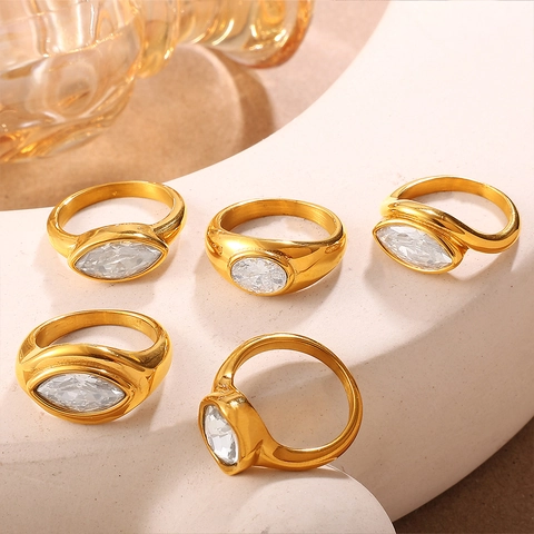 Vintage Klobige Edelstahl Strass Ringe Große Marquise Zirkonia Statement Ring Für Damen Party Täglicher Schmuck Gold Silber Bänder