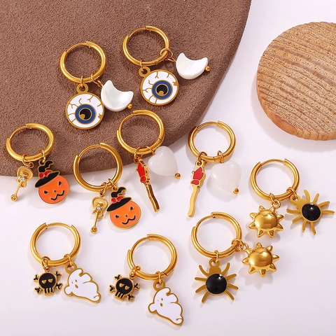 Roestvrijstalen Halloween Hanger Oorbellen Voor Vrouwen Mode Emaille Geest Pompoen Schedel Spin Maan Sieraden Accessoire