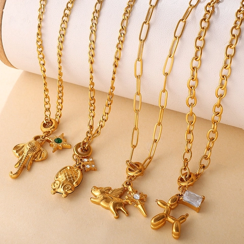 Fashion Stainless Steel Animal Pendant Necklace With Artificial Pearl Rhinestone Bear Elephant Balloon Dog Jewelry For Women