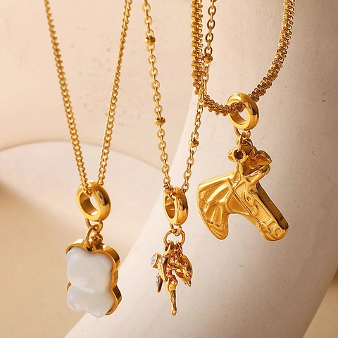 Fashion Stainless Steel Animal Pendant Necklace With Artificial Pearl Rhinestone Bear Elephant Balloon Dog Jewelry For Women