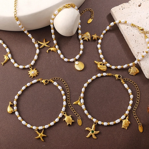 Ocean Theme Freshwater Pearl Stainless Steel Charm Bracelet Gold Plated Dolphin Starfish Shell Jewelry For Women Gift