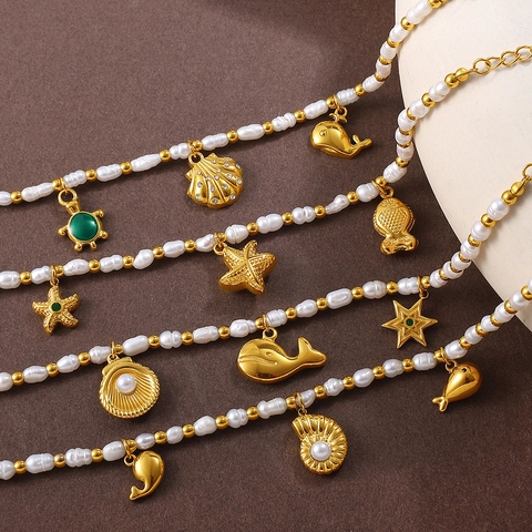 Ocean Theme Freshwater Pearl Stainless Steel Charm Bracelet Gold Plated Dolphin Starfish Shell Jewelry For Women Gift