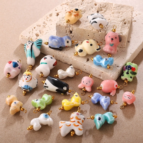 Cartoon Ceramic Animal Beads Hand Painted Panda Cat Bird Charms With Stainless Steel Loops For DIY Jewelry Making Crafts