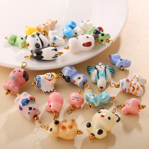 Cartoon Ceramic Animal Beads Hand Painted Panda Cat Bird Charms With Stainless Steel Loops For DIY Jewelry Making Crafts