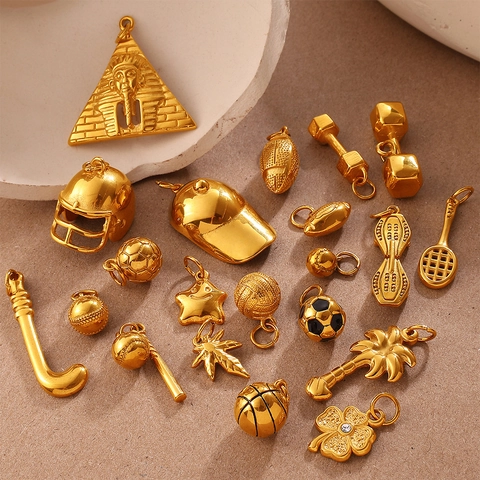 Vintage Gold Plated Stainless Steel Sports Themed Pendants For DIY Necklace Bracelet Making Football Basketball Dumbbell Charms Unisex Jewelry Accessories