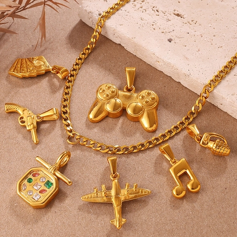 Edelstahl Punk Hip Hop Anhänger Für DIY Schmuckherstellung Pistole Kamera Instrument Strass Gold Silber Herren Damen Charms