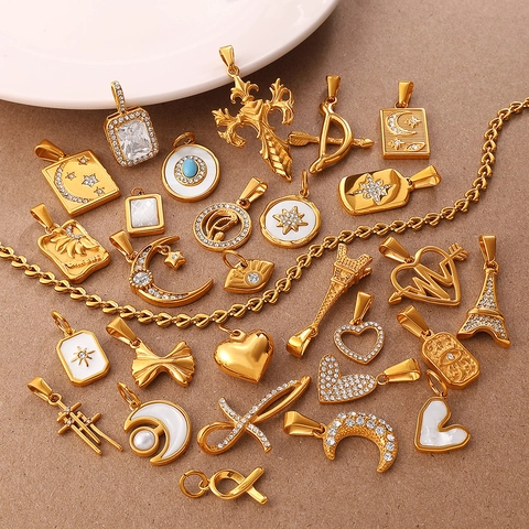 Stainless Steel Pendants Charms For Jewelry Making DIY Rhinestone Heart Star Moon Cross Eiffel Tower Enamel Shell Jewelry