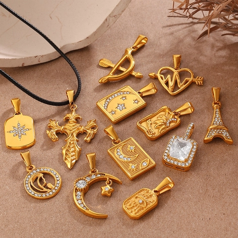 Stainless Steel Pendants Charms For Jewelry Making DIY Rhinestone Heart Star Moon Cross Eiffel Tower Enamel Shell Jewelry