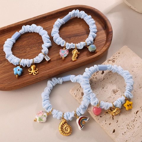 Coletero de Tela Azul Claro Con Colgantes de Animales Marinos de Acero Inoxidable Pulsera de Cerámica para Mujer