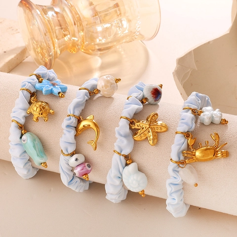 Coletero de Tela Azul Claro Con Colgantes de Animales Marinos de Acero Inoxidable Pulsera de Cerámica para Mujer