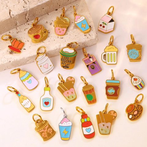 Stainless Steel Enamel Drink Food Pendant Charms For DIY Jewelry Making Coffee Cup Milk Box Beer Bottle Dessert Accessories