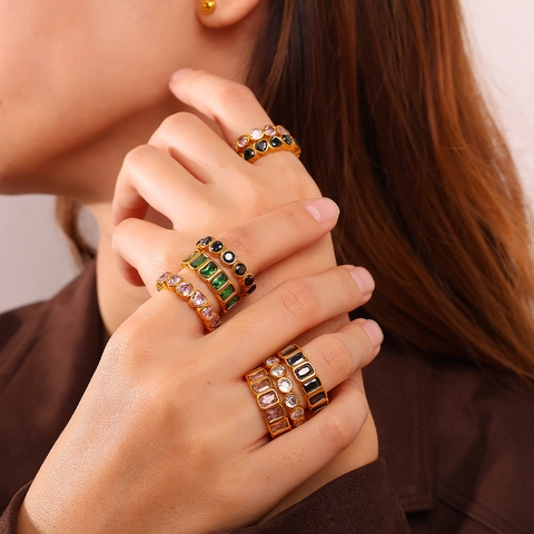Stainless Steel Gold Plated Multi Color Zircon Rings For Women Heart Square Round Teardrop Shaped Geometric Eternity Ring Jewelry