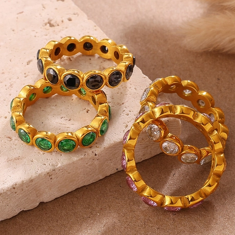 Stainless Steel Gold Plated Multi Color Zircon Rings For Women Heart Square Round Teardrop Shaped Geometric Eternity Ring Jewelry