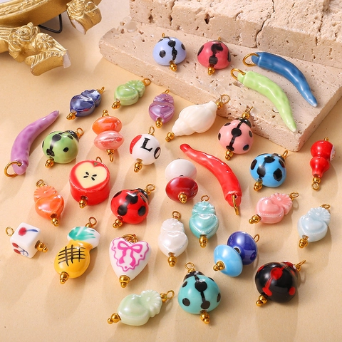 Multicolor Ceramic Cartoon Animal Fruit Pendants With Stainless Steel Rings Glazed Heart Chili Ladybug DIY Jewelry Charms