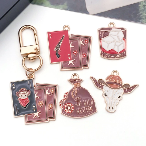 Vintage Western Cowboy Hat Skull Alloy Enamel Pendants For DIY Jewelry Making Keychain Necklace Earring Accessories
