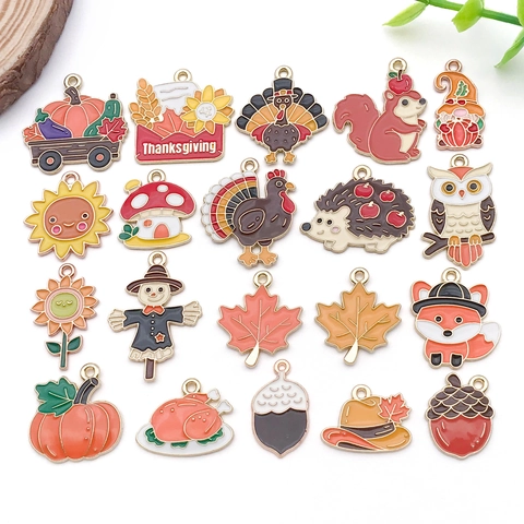 Enamel Alloy Thanksgiving Charms Turkey Pumpkin Maple Leaf Pendants For DIY Jewelry Making Bracelet Necklace Accessories
