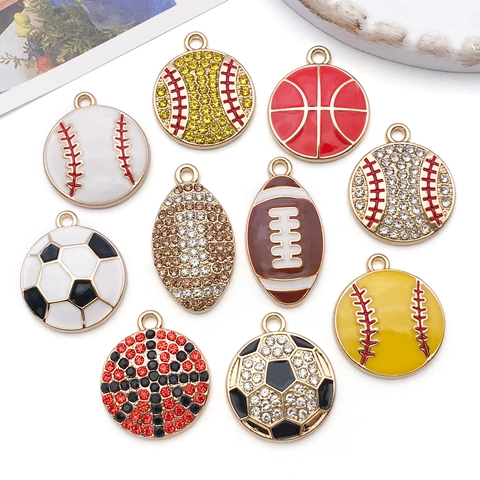 DIY Zinc Alloy Sports Theme Drip Oil Rhinestone Pendants Basketball Soccer Baseball Charm For Necklace Keychain Jewelry Making