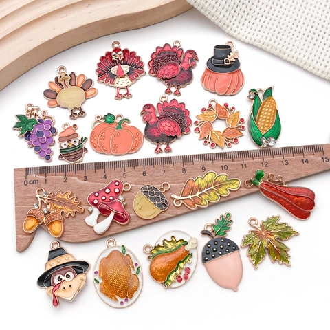 Thanksgiving Enamel Alloy Charms Turkey Pumpkin Maple Leaf Rhinestone Jewelry Making Accessories For DIY Bracelet Necklace Pendant