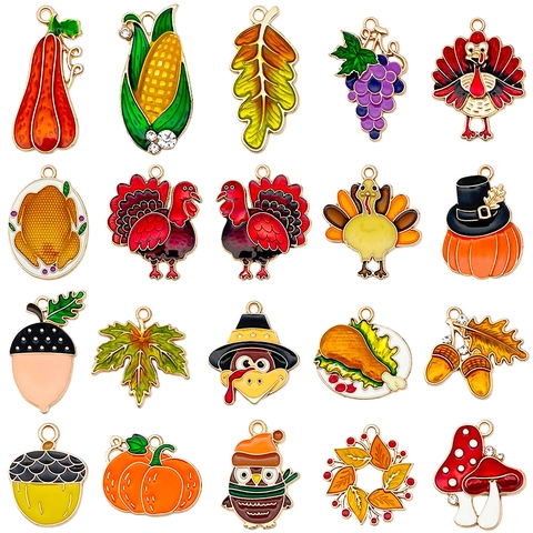 Thanksgiving Enamel Alloy Charms Turkey Pumpkin Maple Leaf Rhinestone Jewelry Making Accessories For DIY Bracelet Necklace Pendant
