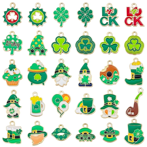 St. Patrick's Day Alloy Enamel Pendants Set Green Irish Shamrock Clover Gnome Charms For DIY Jewelry Making Necklaces Bracelets