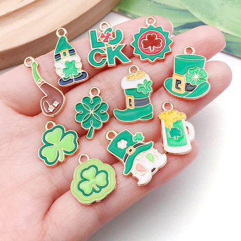St. Patrick's Day Alloy Enamel Pendants Set Green Irish Shamrock Clover Gnome Charms For DIY Jewelry Making Necklaces Bracelets