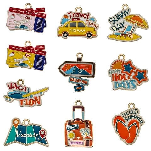 Alloy Summer Travel Enamel Charms For DIY Jewelry Making Taxi Luggage Map Airplane Drip Oil Pendants Handmade Craft Accessories
