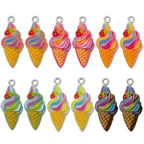 Cute Resin Ice Cream Cone Charms For Jewelry Making Simulation Food Strawberry Rainbow Dessert Pendants With Loops DIY Crafts