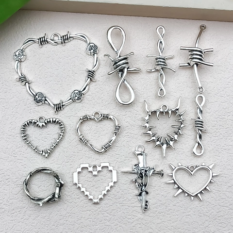 Plata Antigua Punk Gótico DIY Joyas Dijes Corazón Alambre de Púas Espina Cruz Rosa Colgantes Para Collar Pendiente Pulsera