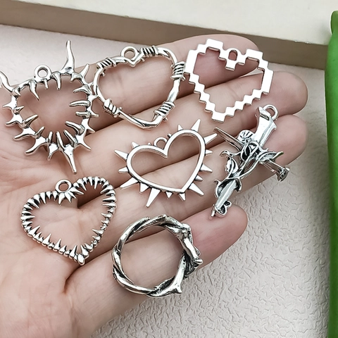 Plata Antigua Punk Gótico DIY Joyas Dijes Corazón Alambre de Púas Espina Cruz Rosa Colgantes Para Collar Pendiente Pulsera