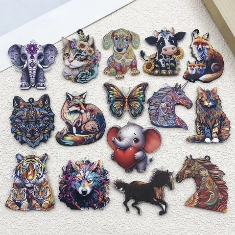 Acryl Beidseitig Bedruckte Tier Anhänger Mandala Kunst Stil Katze Hund Schmetterling Elefant Charms Für DIY Schmuckherstellung