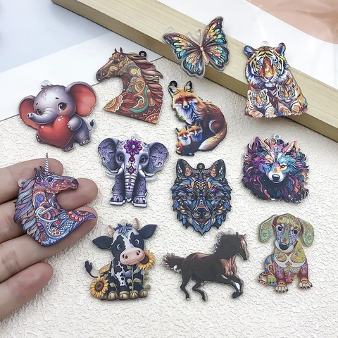Acryl Beidseitig Bedruckte Tier Anhänger Mandala Kunst Stil Katze Hund Schmetterling Elefant Charms Für DIY Schmuckherstellung