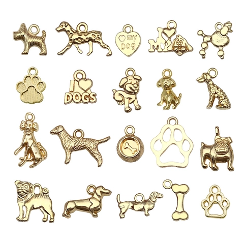 Zinc Alloy Dog Pendants For DIY Jewelry Making Antique Gold Silver Bronze Animal Paw Prints Bone Heart Charms For Necklace Bracelet Keyring