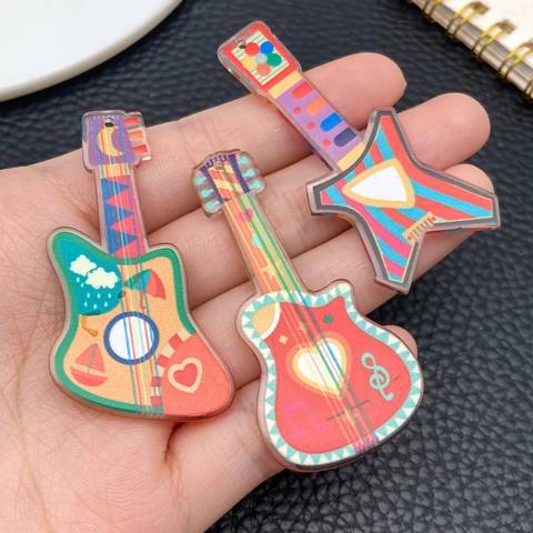 Retro Acrylic Musical Instrument Charms Double Sided Printed Guitar Pipa Guqin DIY Keychain Jewelry Making Pendant Accessories