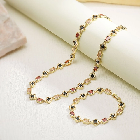 Luxury Copper Zirconia Jewelry Set For Women Colorful Four-Leaf Clover Square Gemstone Necklace And Bracelet Hip Hop Shiny Accessories