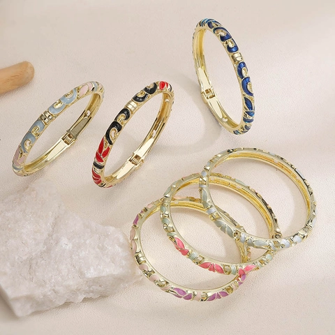 Vintage Cloisonne Floral Copper Hinged Bracelet Chinese Style Enamel Flower Petal Bangle For Women Ethnic Jewelry Accessories