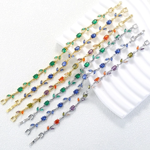 Elegant Copper Zirconia Bracelet For Women Fashion Colorful Tulip Leaf Foliage Design Electroplated Lightweight Luxury Jewelry