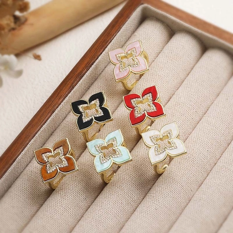 Dulce Anillo Ajustable de Cobre con Trébol de Cuatro Hojas y Circonia Pétalo Floral Anillo Abierto Elegante Joyería Chapada en Oro Plata para Mujer Regalo
