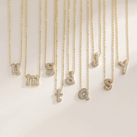 Hip Hop Bubble Alphabet Pendant Necklace Copper Inlaid White Zirconia Pave Rhinestone Bubble Letter Choker Jewelry For Women