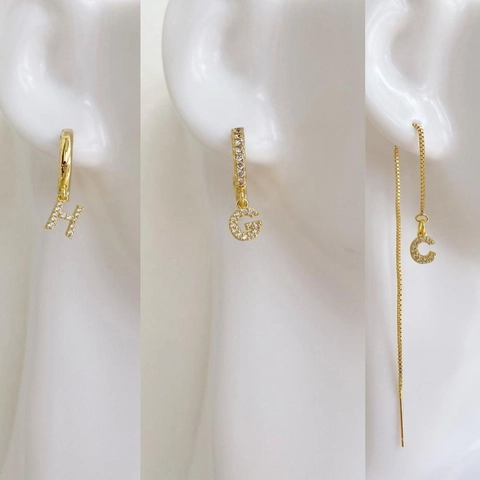 Luxury Copper Gold Plated Alphabet Letter Earring Micro Pave Zirconia Initial Ear Thread Dangle Hoop Earrings For Women Initial Jewelry Gift
