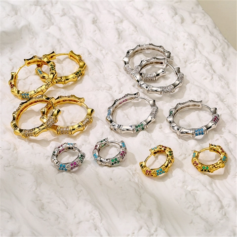 Luxury Brass Bamboo Texture Hoop Earrings Micro Pave Zirconia Colorful Rhinestone Round Earring For Women Fashion Jewelry Gift